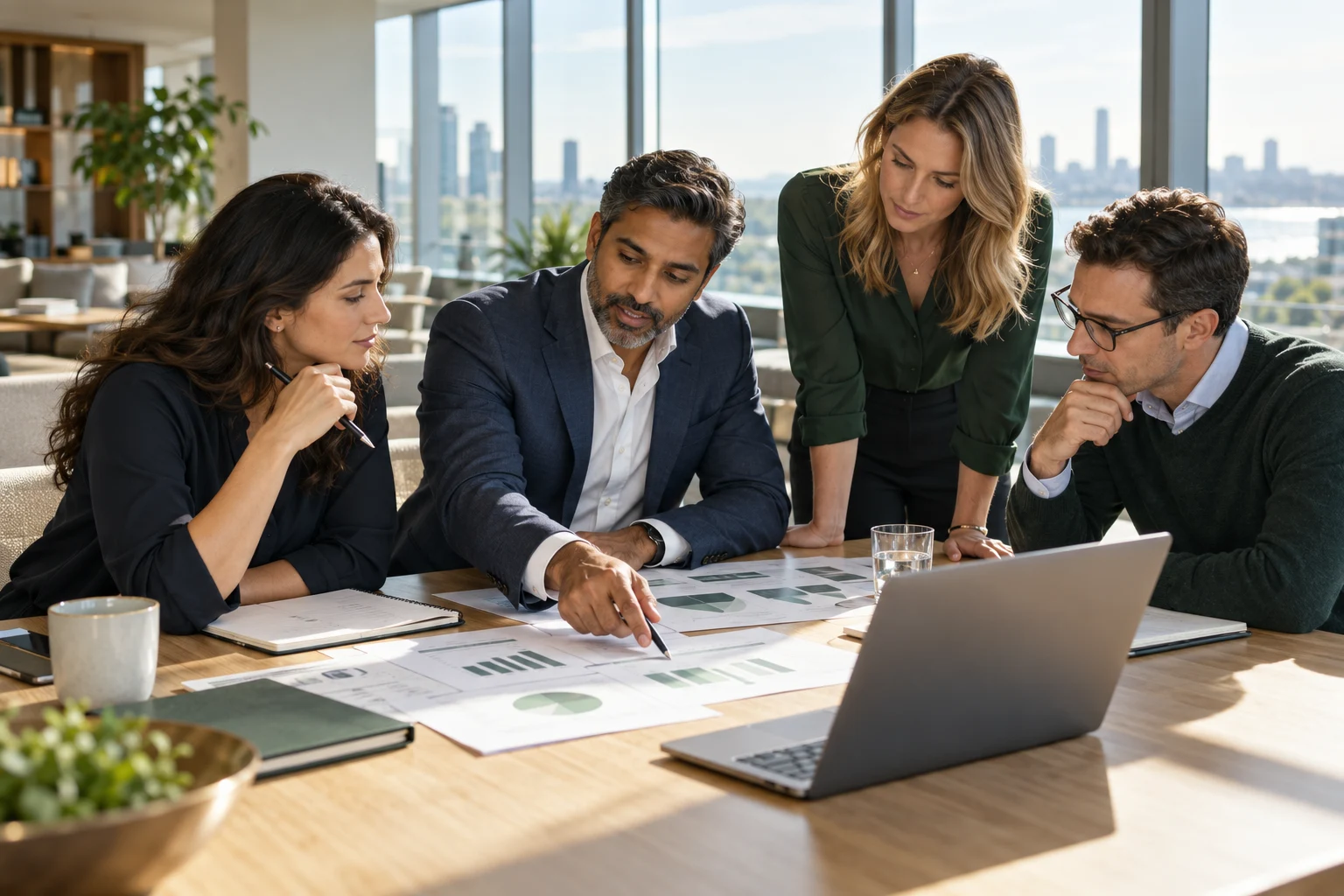 Business professionals working together on financial planning in a bright meeting room