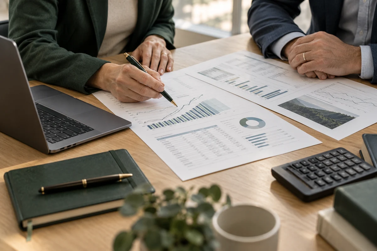A financial work session reviewing charts, financial statements, and planning assumptions